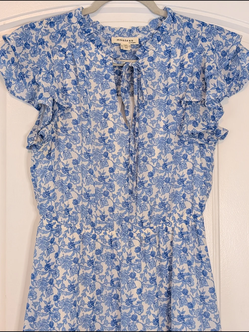 Monteau Blue and White Floral Patterned Ruffle Sleeve Dress - Picture 3 of 12